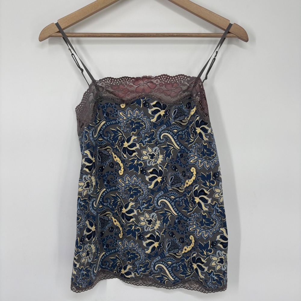 Casual Corner Paisley Lace Trim Cami Top Blue Yellow Modal Blend Size M Vintage